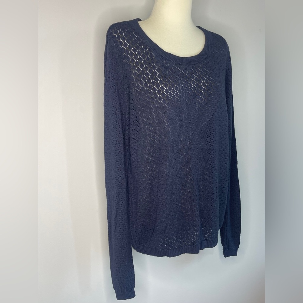 ICHI Ally LS Navy Blue Pointelle Knit Sweater - Size Medium - Picture 3 of 10